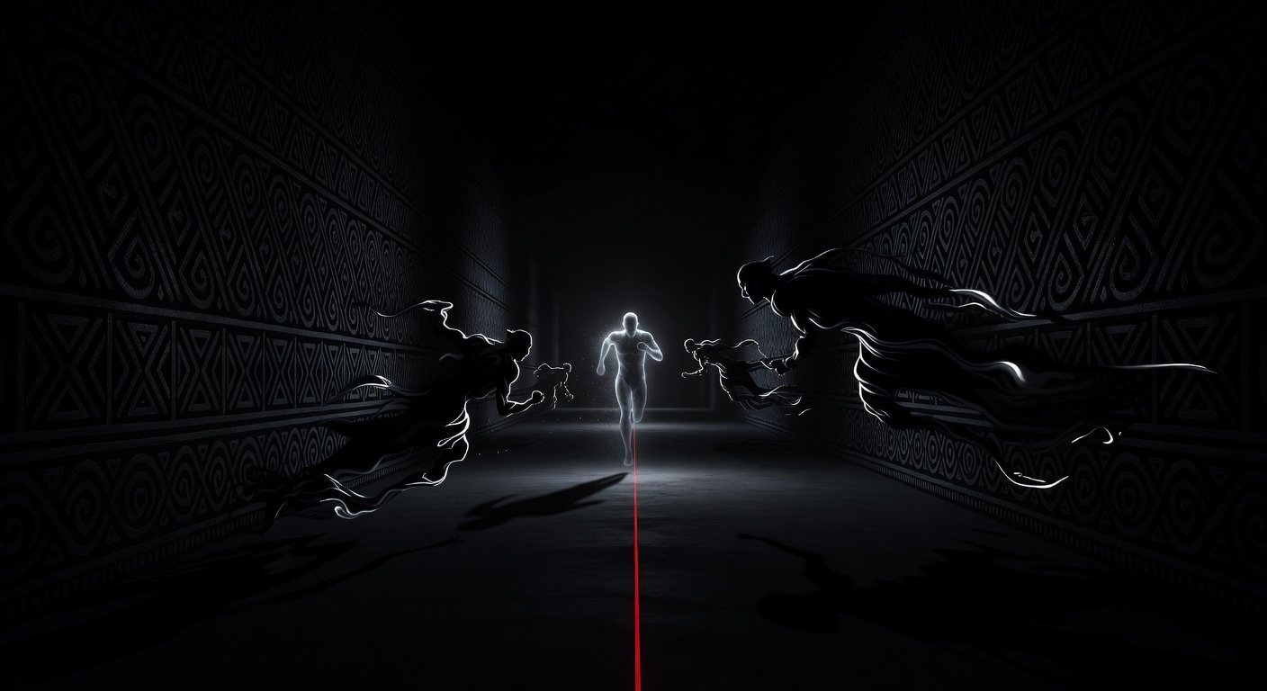 Dream artwork of a luminous figure running through an infinite dark corridor with shadow forms pursuing, silver light and red thread motifs