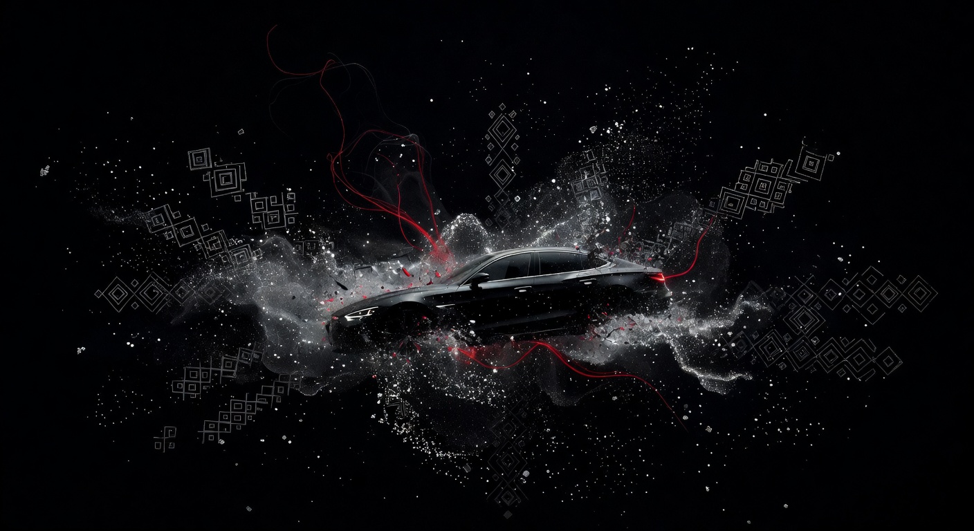 Dream artwork of a cosmic scene with a car mid-collision fragmenting into silver particles and red thread trails against pure black canvas
