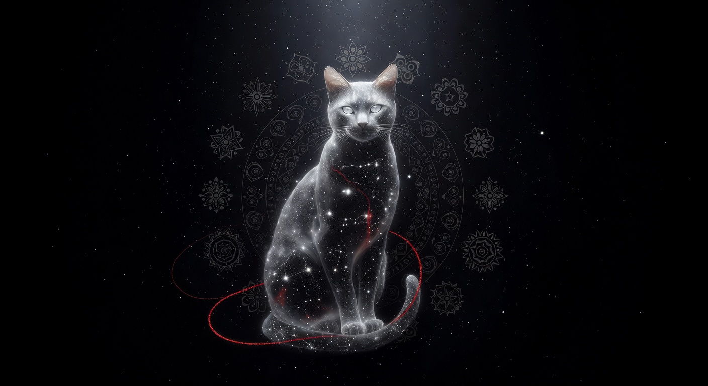 Dream artwork of a luminous cat with glowing eyes perched on a cosmic crescent moon with silver light and red thread motifs