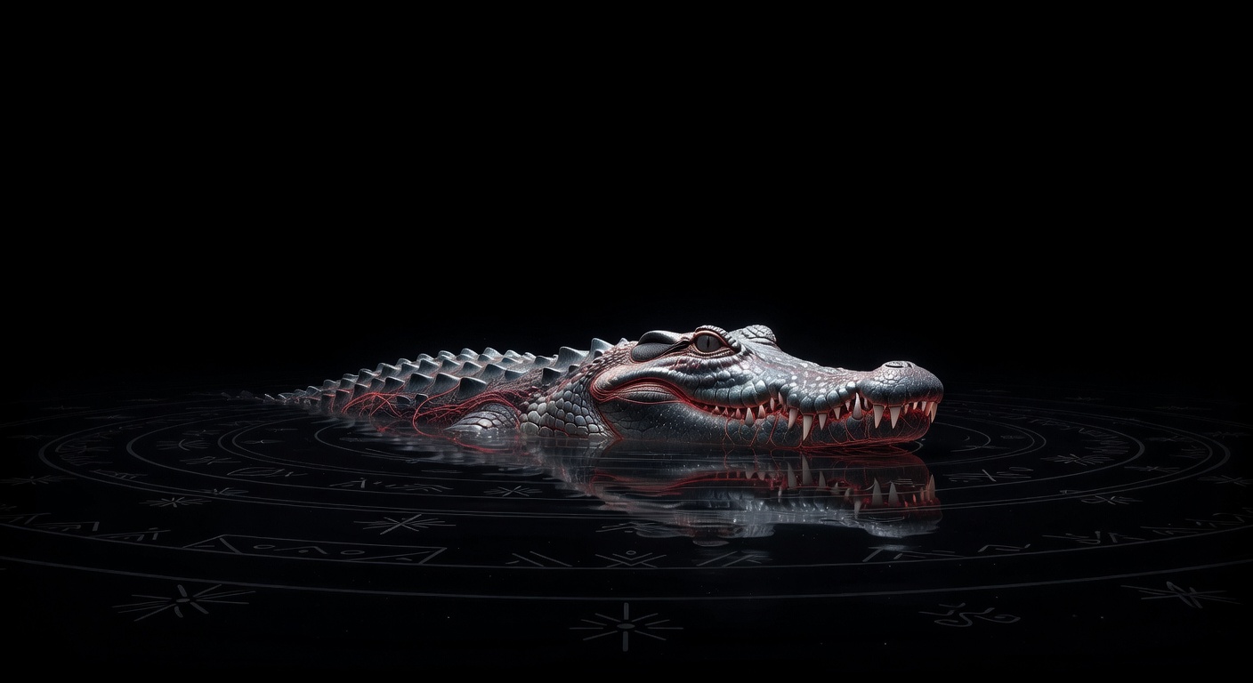 Dream artwork of a cosmic crocodile emerging from dark waters, its body made of silver scales and red thread veins against pure black canvas