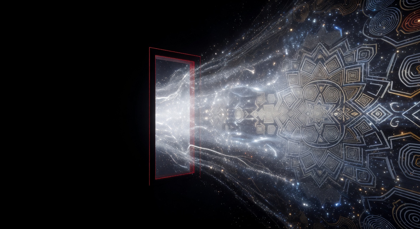 Dream artwork of a luminous threshold between darkness and light, cosmic transformation with silver particles and red thread motifs