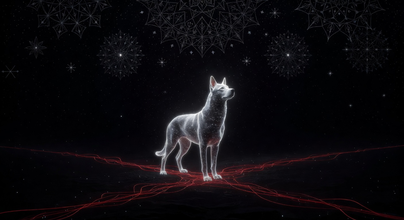 Dream artwork of a luminous spectral dog standing at a cosmic crossroads with silver light and red thread motifs