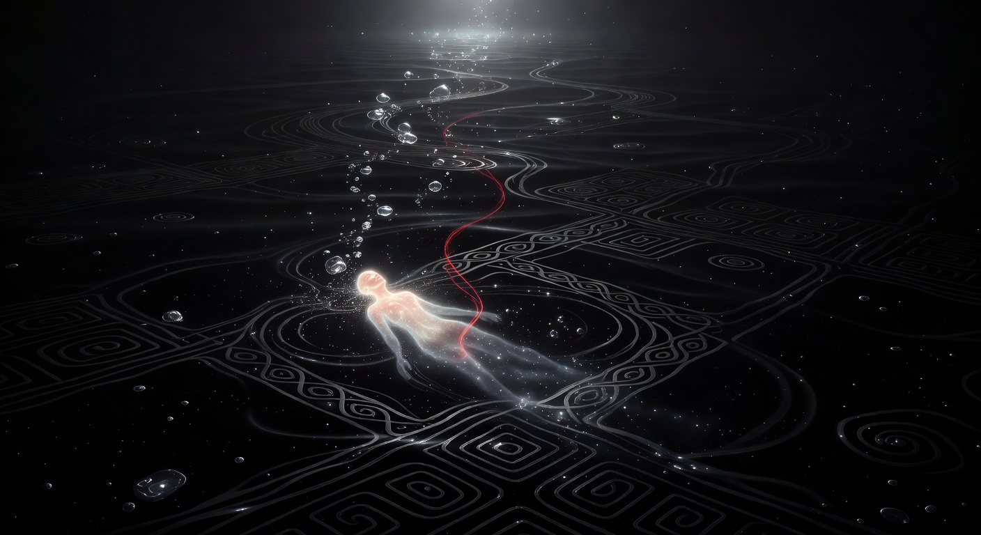 Dream artwork of a luminous figure sinking into dark cosmic water with silver air bubbles rising and red thread motifs