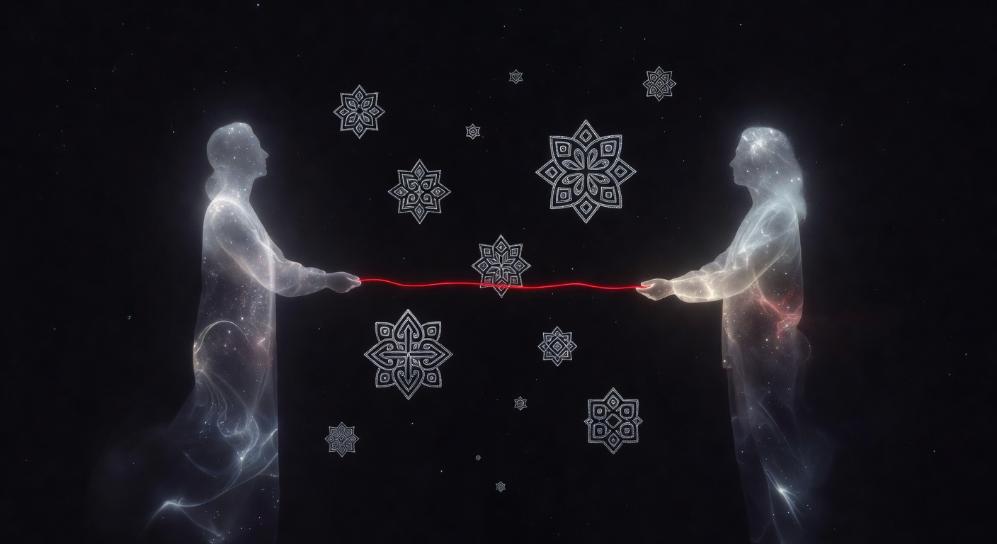 Dream artwork of two luminous silhouettes facing each other across a cosmic divide with silver light and red thread connecting them