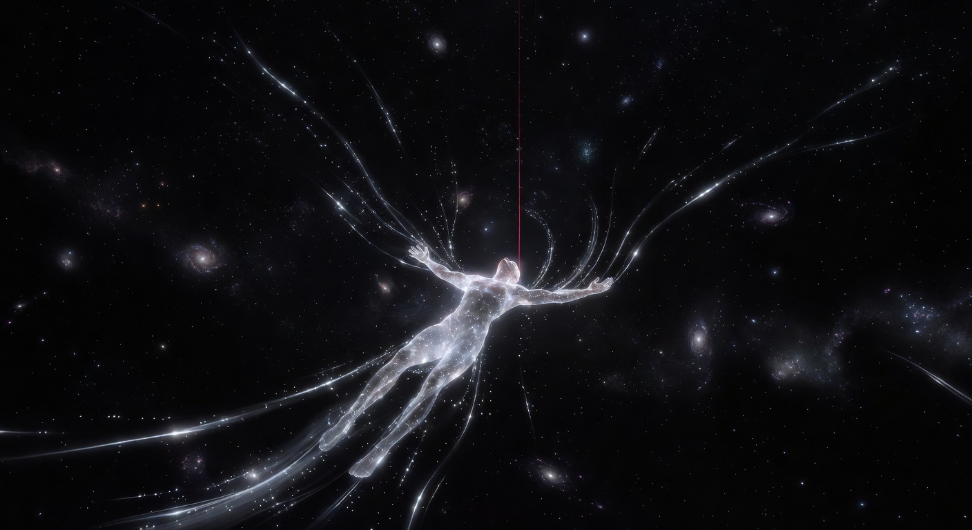 Dream artwork of a luminous figure falling through infinite cosmic void with silver light trails and red thread motifs