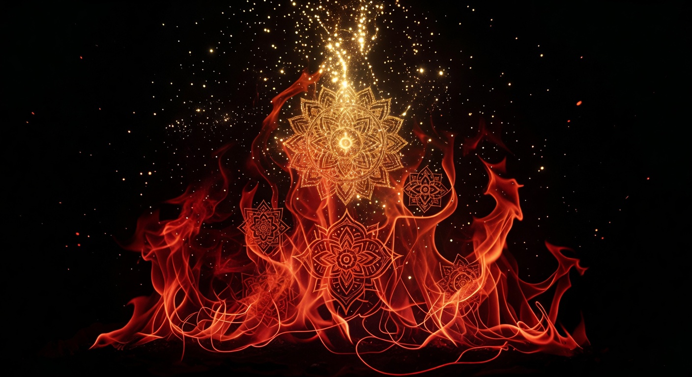 Dream artwork of cosmic flames transforming into light against pure black canvas with silver smoke and red thread motifs