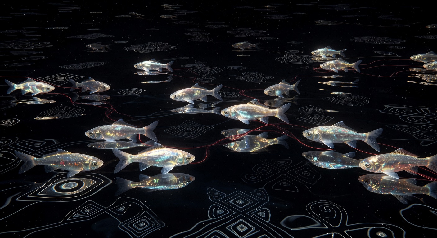 Dream artwork of luminous fish swimming through cosmic deep water with silver scales and red thread motifs