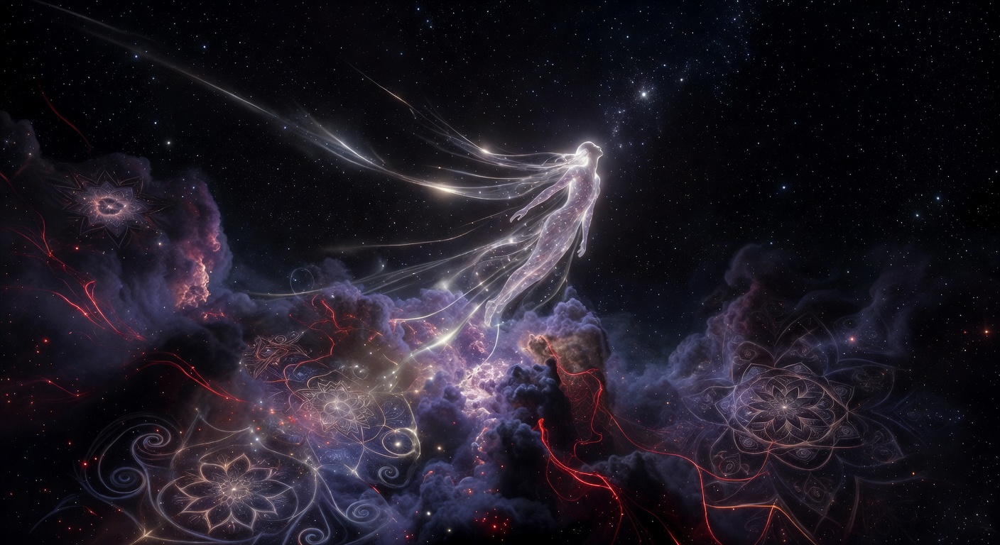 Dream artwork of a luminous figure ascending through cosmic clouds with silver light trails and red thread motifs