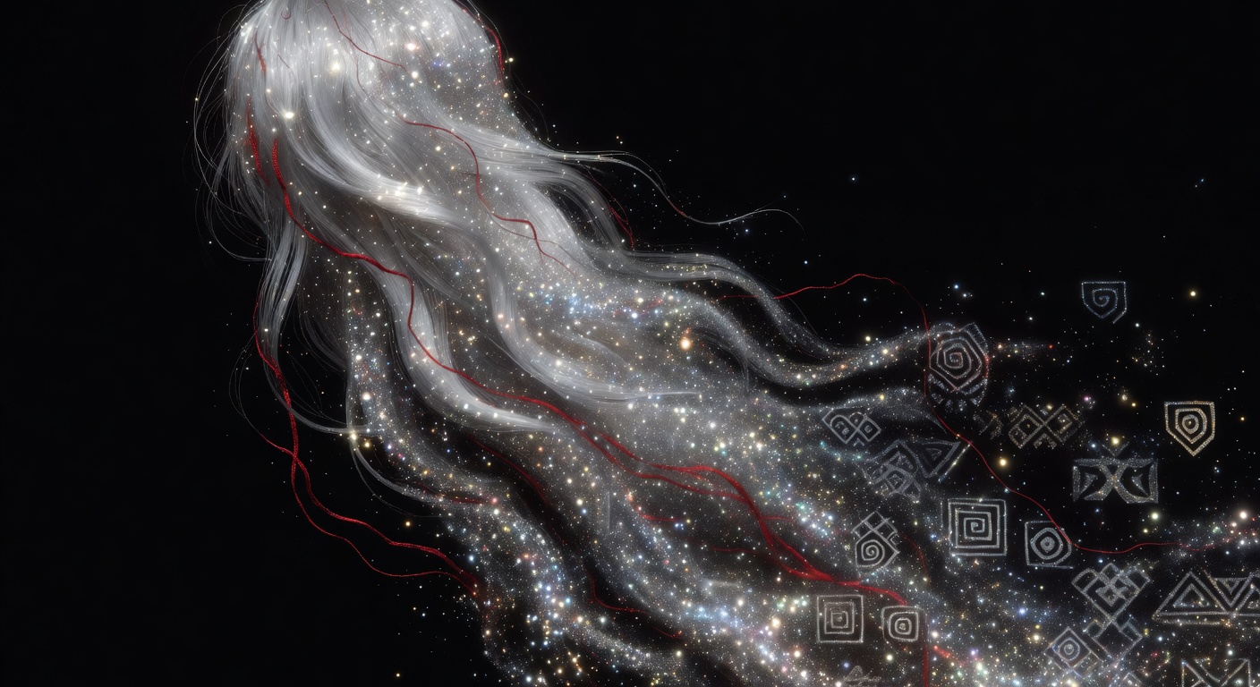 Dream artwork of luminous silver hair strands dissolving into cosmic particles against pure black canvas with red thread motifs