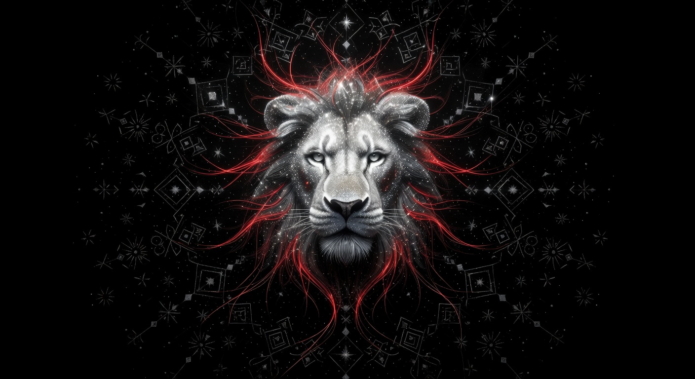 Dream artwork of a luminous cosmic lion made of silver light and stardust with a red thread mane against pure black canvas