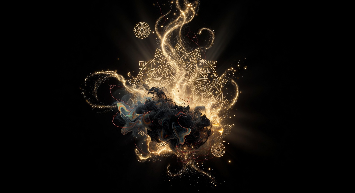 Dream artwork of dark matter transforming into golden cosmic particles against pure black canvas with silver and red thread motifs
