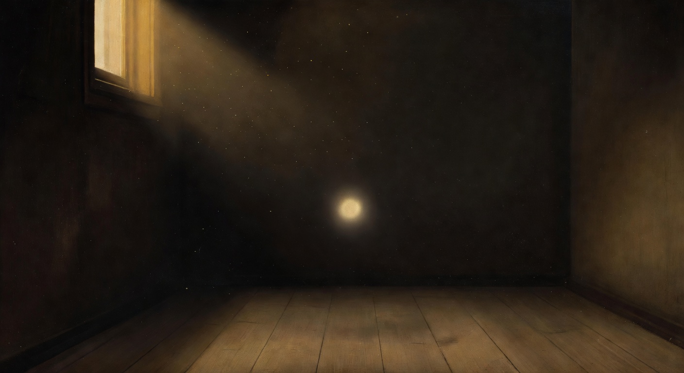 A small luminous form suspended in the warm amber light of a quiet interior — Vermeer-like stillness, evoking inward gestation