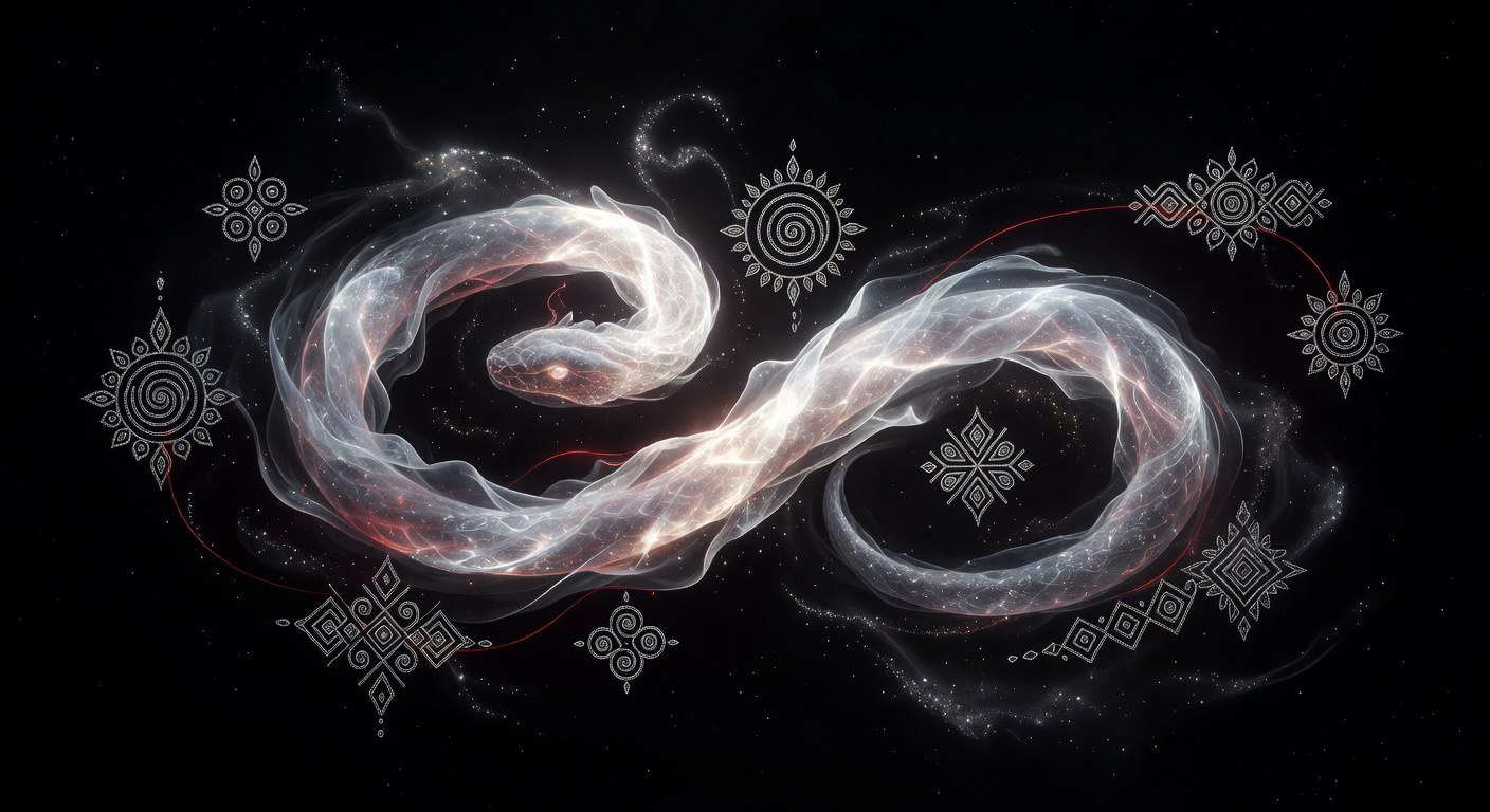 Dream artwork of a serpent coiling through cosmic darkness with silver and red thread motifs