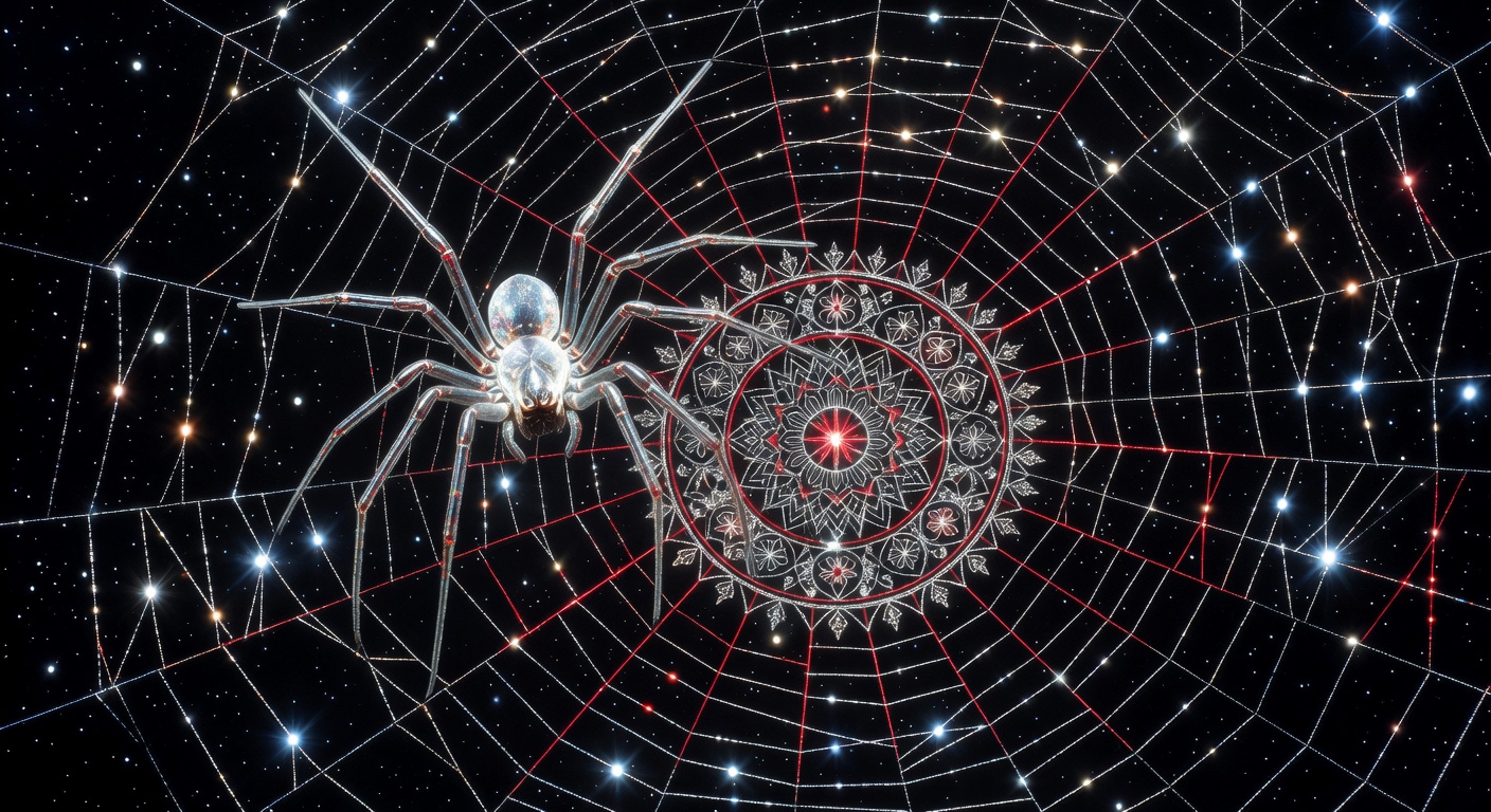 Dream artwork of a luminous spider weaving a cosmic web of silver threads against pure black canvas with red thread motifs