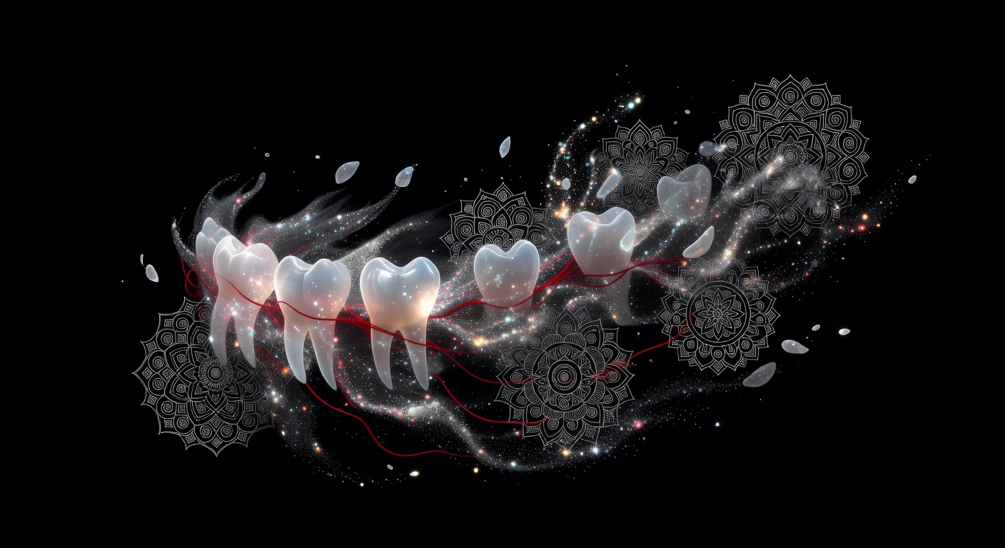 Dream artwork of luminous teeth dissolving into cosmic dust against pure black canvas with silver and red thread motifs