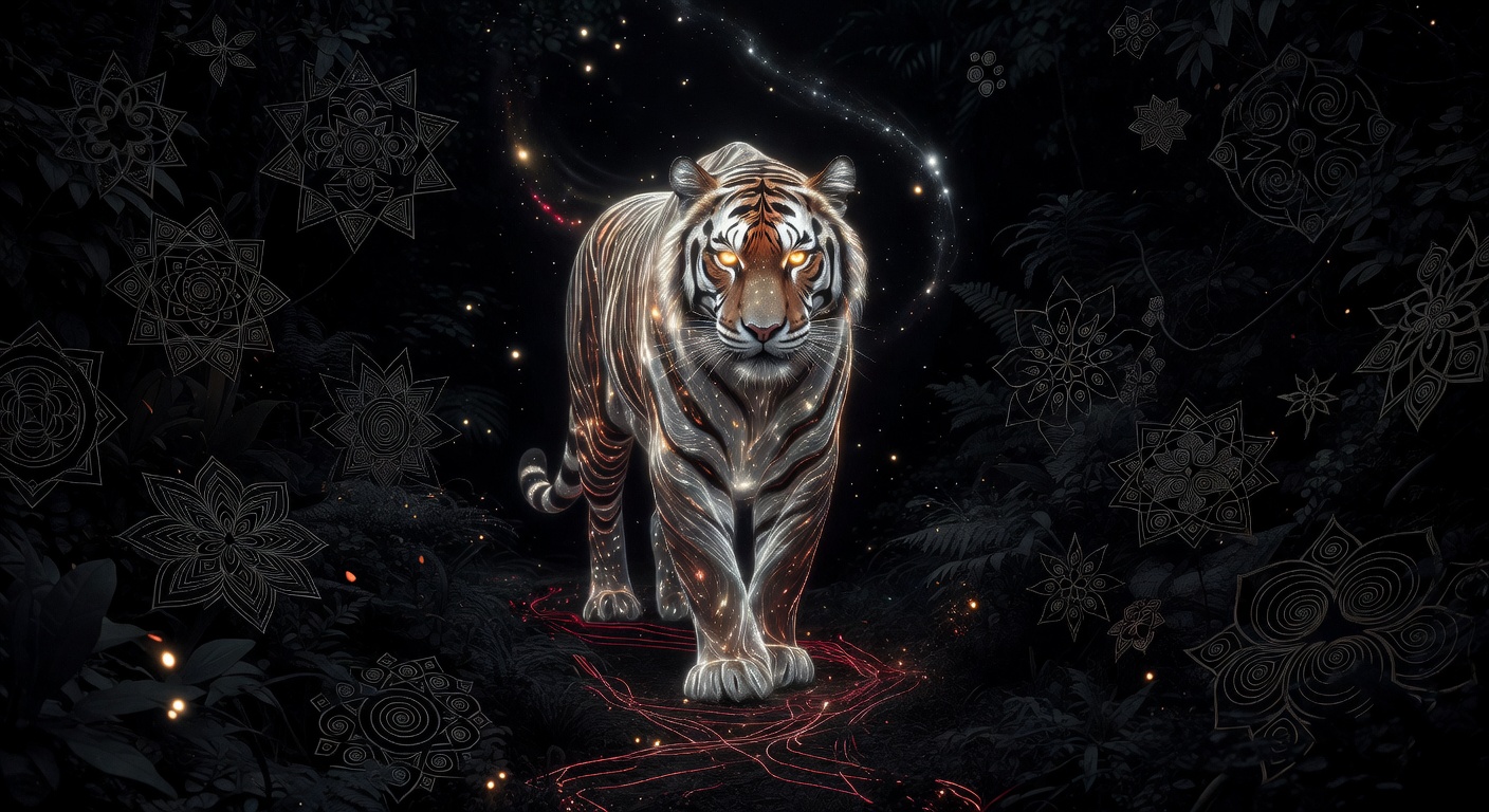 Dream artwork of a luminous spectral tiger emerging from cosmic jungle darkness with silver stripes and red thread motifs