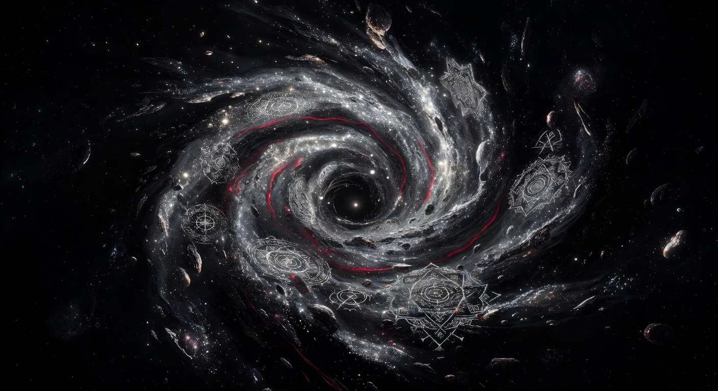 Dream artwork of a cosmic tornado spiraling through starfields with silver debris and red thread motifs