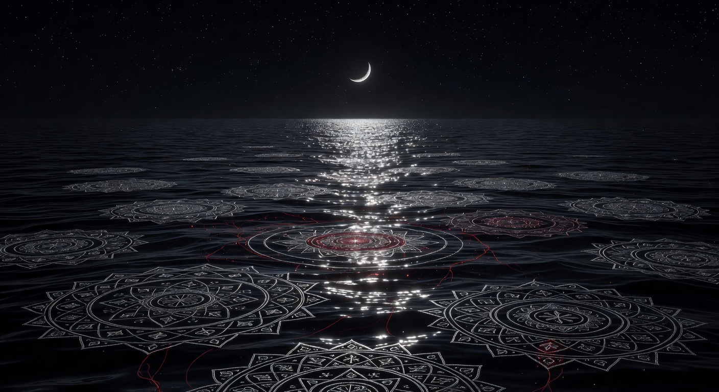 Dream artwork of an infinite dark ocean merging with cosmic space, silver moonlight reflections and red thread motifs